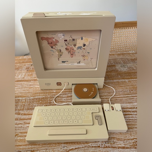 Zara Kids wooden desktop computer toy mouse keyboard neutral beige pretend play - Picture 2 of 11
